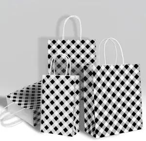 Black Gingham Gift, 16 Pieces Kraft Paper Black White Christmas Buffalo Plaid Goodie Bags Party Favor Bag