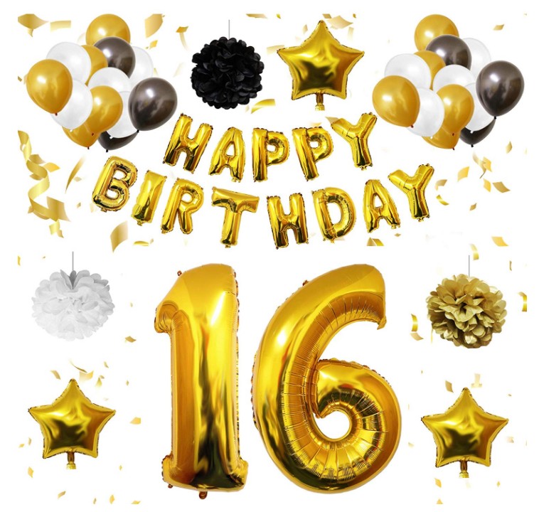 シルバー HAPPY BIRTHDAY バルーン 数字16 バルーンギフトキット