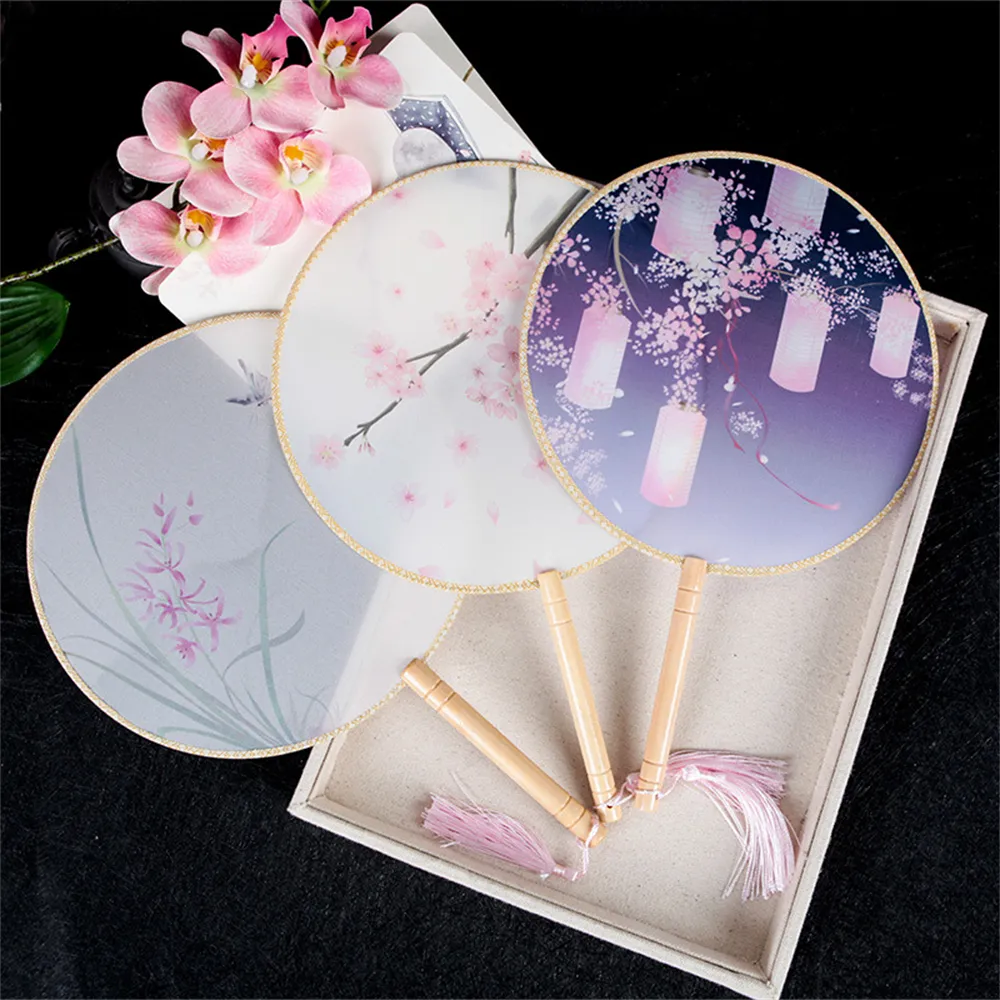 Dance Weeding Gifts Souvenir Chinese Culture Single Side Silk Cloth Printing Wooden Handle Round Hand Fans Advertising Hand Fan