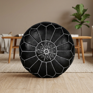 Black Genuine Leather <b>Pouf</b> Cover Embroidered Bohemian Style Handmade Home Decor Cushion Geometric Design Drawstring Closure - Product Image 1