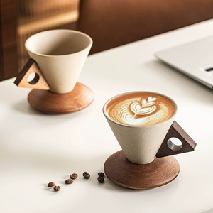 <span class=keywords><strong>Tasse</strong></span> à café cappuccino en grès 250ML personnalisée soucoupe en forme d'entonnoir réutilisable <span class=keywords><strong>expresso</strong></span> lait thé <span class=keywords><strong>tasse</strong></span> en céramique avec base en bois - Product Image 4
