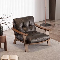Fauteuil lounge vintage en bois massif avec coussin en cuir véritable pour balcon/salon, lecture et détente