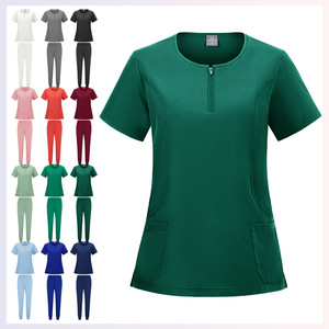 Women's Scrub Set Short Sleeve Round Neck Zipper Top With Pockets Moisture Wicking For Salon Hospital Uniforms - Product Image 1