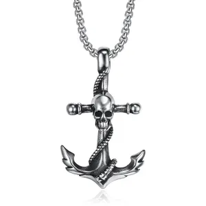 OEM ODM Vintage Viking Jewelry Punk Stainless Steel Anchor Skull Pendant Sailor Pirate Skull Necklace For Men Women
