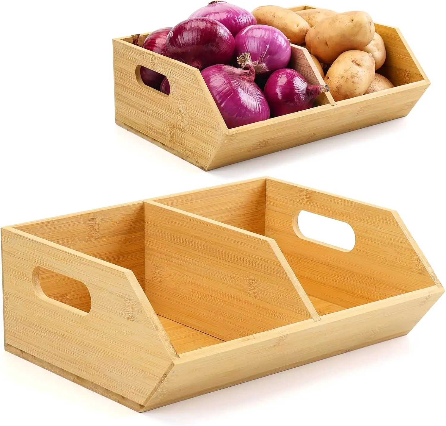 2 Set di contenitori in bambù moderni organizzatori dispensa legno per cipolle patate aglio e frutta in scatola e impilabili