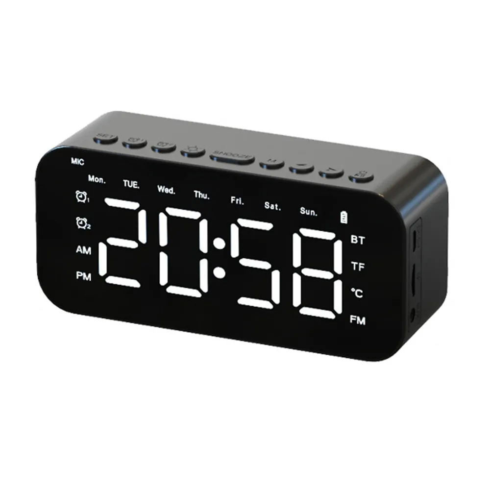 P6 LED Mirror Display Alarm Clock FM Radio Subwoofer Music Desktop Table Wireless Speaker