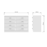 Cómoda Moderna Blanca de 113 cm con Acabado Brillante, 8 Cajones, Resistente a Arañazos, Tiradores Cromados, Antivuelco