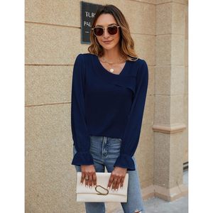 Blusa de Mujer de Manga Larga con Cuello Asimétrico, Top de Gasa para Trabajo, Casual o Elegante, Camisa de Otoño con Manga Globo y Elástico - Product Image 2