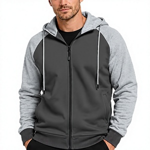 Servicio OEM, MOQ bajo, sudaderas con capucha para hombre, sudadera con capucha con cremallera, cordón ajustable, bloques de color, manga raglán, bolsillo canguro. - Product Image 3