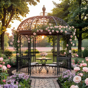 Gazebo in Metallo Stile Vintage Europeo di Lusso per Decorazioni Matrimoniali, Padiglione in Ferro Battuto a Cupola Rotonda per Giardino Esterno in Vendita - Product Image 1