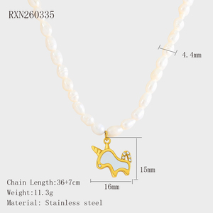 Colliers pendentifs <span class=keywords><strong>licorne</strong></span> en acier inoxydable plaqué or, nouvelle mode, avec <span class=keywords><strong>perle</strong></span> naturelle d'eau douce, bijoux élégants - Product Image 6