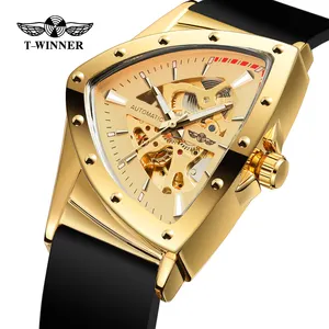 Vencedor relógios reloj para hombre, luxo, triângulo, homens, sílica gel, cinta, esqueleto, relógio de pulso mecânico