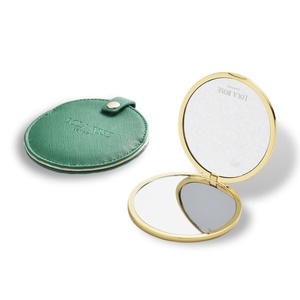 Double Side Debossed Logo Gold Color Compact Pocket <b>Mirror</b> With Green PU Pouch - Product Image 4