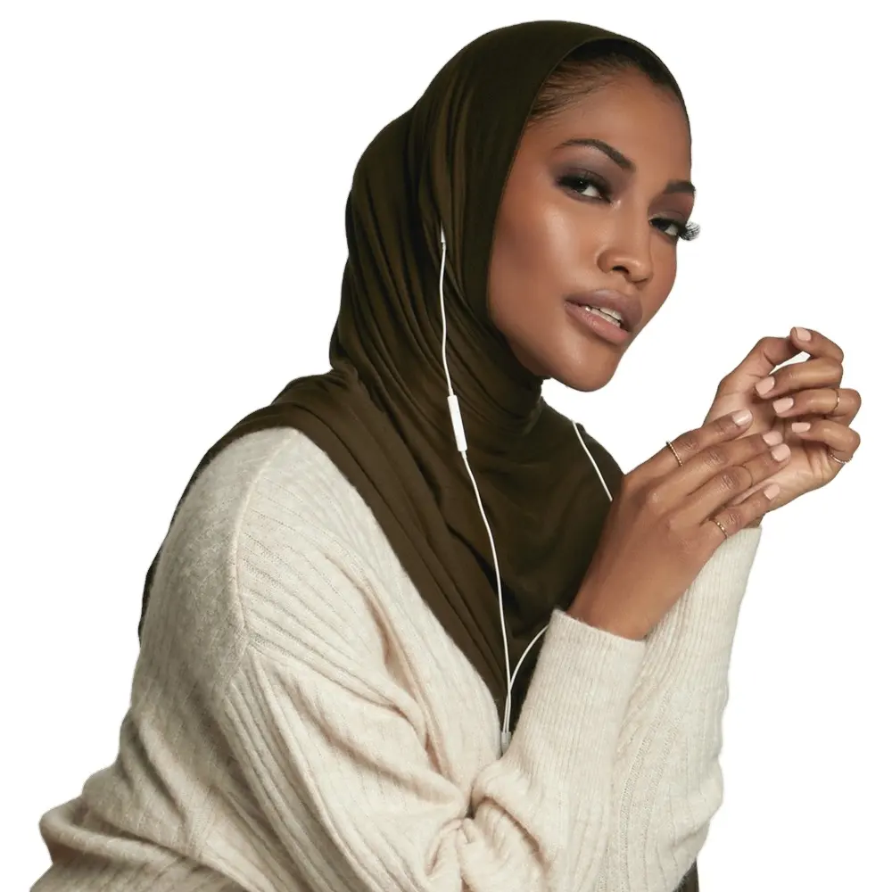 Foulard Hijab en Jersey De Soie De meine, épais, haut De gamme, en coton musulman, châle, Hijab instantané uni avec trou d'oreille