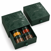 Boîte cadeau rigide vert foncé personnalisée avec logo, tiroir à épices, vernis sélectif UV et 4 compartiments pour l'emballage de pots d'assaisonnements – Vente en gros