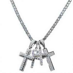 Men's 925 Silver Rhodium Plated Moissanite <b>Cross</b> Pendant Necklace Three <b>Crosses</b> Hip Hop Style Everyday Wear - Product Image 4