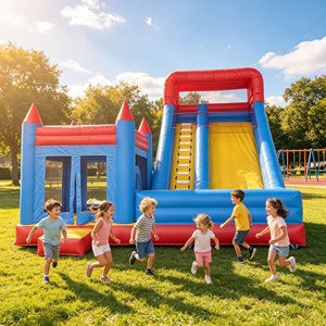 Château gonflable OEM d'usine rouge et bleu à trois tours avec grande toboggan, en PVC, <span class=keywords><strong>pour</strong></span> enfants, idéal <span class=keywords><strong>pour</strong></span> la <span class=keywords><strong>location</strong></span> lors de fêtes d'<span class=keywords><strong>anniversaire</strong></span> en <span class=keywords><strong>extérieur</strong></span> - Product Image 5