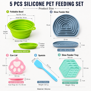 Set Ciotole per Animali Domestici 5 Pezzi: Tappetino in Silicone per Alimentazione Lenta, Ciotola Pieghevole, Coperchio, Spatola, Facile da Pulire, da Viaggio per Cani e Gatti - Product Image 1