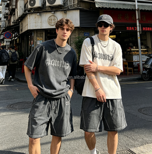 Men's Street Style Cargo Shorts Mid Waist <b>Drawstring</b> Cotton Bermuda Shorts With Pockets Letter Print Washed Look Plus Size - Product Image 1