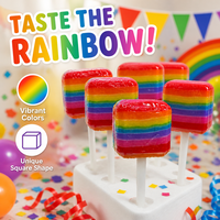 Sucette carrée arc-en-ciel en couches, bonbon dur aux fruits, OEM, marque privée, logo personnalisé, couleurs vives, cadeau de fête d'anniversaire pour enfants, sucré