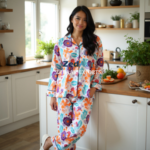 Ensemble de pyjama en coton de luxe magnifiquement imprimé vêtements de nuit doux et confortables pour l'été automne printemps pour vêtements de nuit vêtements de détente - Product Image 3