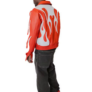 Jaket Pria Kulit PU Bordir Chenille Merah Model Crop Zipper Streetwear Custom YUCHEN Oem - Product Image 3