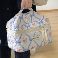 Tas Kosmetik Kapas Geometris Motif Bunga dengan Ritsleting Gaya Eropa Kapasitas Besar, Tas Penyimpanan Berlapis, Tas Jinjing Lembut Portabel