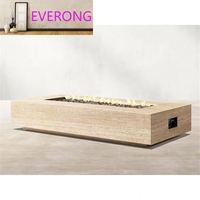Table de foyer extérieur rectangulaire EV STONE en travertin italien naturel avec couvercle de réservoir de propane et chauffage de terrasse