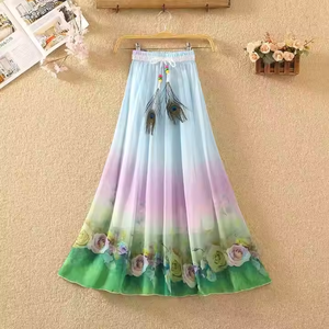Falda Larga Asimétrica de Lino y Gasa con Flores para Mujer, Estilo A-line, de Algodón Natural, para Verano, Venta al por Mayor - Product Image 4