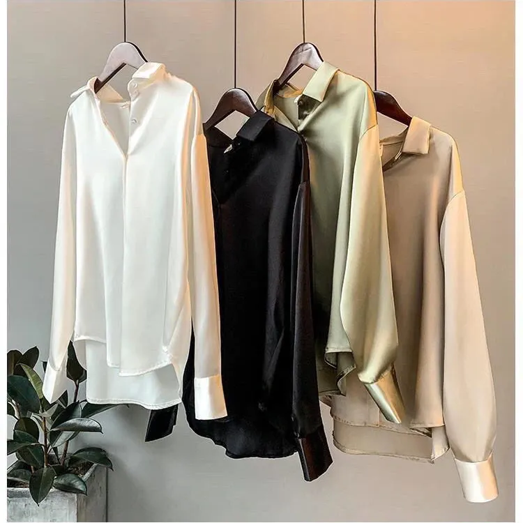 Long Sleeve Breathable Solid Silk Women Blouse Ladies Satin Shirts V Neck Office Blouse Shirt