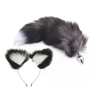 Metal Anal Plug Fox Tail Plush Cat Ears Butt Bead Plug,Insert Stopper Set Cosplay Sex Toys For Woman Couples Prostate Massager