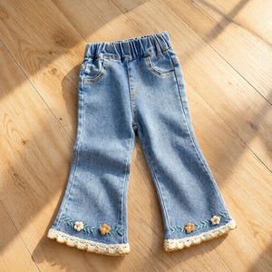 Pantalones Vaqueros para Niña Pequeña, Cintura Elástica, Lavado Claro, Dobladillo Bordado con Encaje, Jeans para Niños - Product Image 1