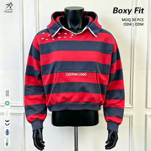 Sudadera con Capucha Personalizada para Hombre, Corte Holgado, Rayas, Cuello con Borde Deshilachado, Algodón Grueso, Estilo Urbano, OEM ODM - Product Image 1