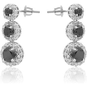 Ornaatis Black And White <b>Diamond</b> Three Stone Halo <b>Dangle</b> <b>Earrings</b> 10K White Gold Women's Wedding Jewelry - Product Image 2