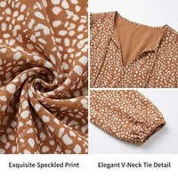 Gaun Mini Cetak Motif Cokelat Kambing Berbintik, Kerah V, Lengan Panjang Model Lentera, Pinggang Tinggi Elastis, Ruffle Bertingkat, Gaya Boho Chic, OEM ODM