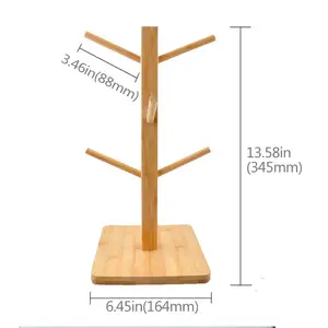 대나무 머그잔 랙, 이동식 대나무 머그잔 저장 커피 차 컵 주최자 걸이 홀더 6 후크