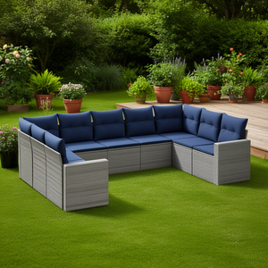 Ensemble de canapés de patio en polyrotin gris avec coussins, 9 pièces, mobilier de jardin, sièges d'extérieur, design contemporain - Product Image 2