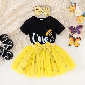 الأوروبي والأمريكية الصيف لطيف فستان الأميرة الأطفال المطبوعة بأكمام قصيرة أعلى + فراشة شبكة تنورة + غطاء الرأس - Product Image 4