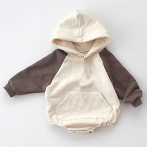 Popular Korean Contrast Color Sleeves Unisex Newborn Baby Autumn Jumpsuit <b>Toddlers</b> Hooded Sweatshirt Romper with Pocket - Product Image 4