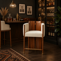 Tabouret de bar moderne de luxe léger, style mi-siècle, en bois massif de frêne, avec accoudoirs en velours plissé et repose-pieds en laiton, pour bar à domicile et usage hôtelier