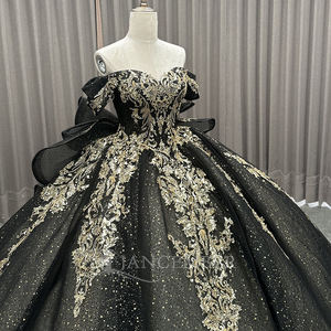 Elegante Vestido de Quinceañera Negro con Hombros Descubiertos LSMC54, Apliques de Encaje Metálico, Corpiño Transparente, Bordado, Cuentas, Lentejuelas, Estilo Natural - Product Image 3