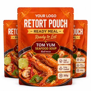 Sachet refermable imprimé sur mesure à trois soudures, résistant aux hautes températures (121°C), pour emballage alimentaire de soupes <span class=keywords><strong>Tom</strong></span> Yum, fruits de mer et plats préparés - Product Image 1