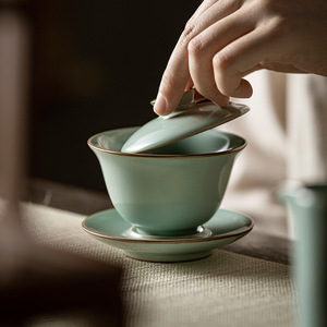 Tianqing Ru Kiln Gaiwan Ceramic Covered Teacup With Lid Porcelain Kung Fu <b>Tea</b> <b>Set</b> Single Household Use - Product Image 2