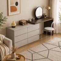 Coiffeuse moderne extensible avec miroir sur pied éclairé et réglable, rangement en MDF et bois de chêne, pour chambre à coucher