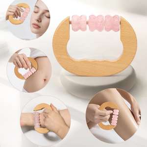 Masajeador de Cuello y Hombros de Mano, Rodillo de Cuarzo Rosa, Rodillo de Jade de Piedra Natural, Masajeador de Madera de Tres Puntas para Aliviar el Dolor - Product Image 1