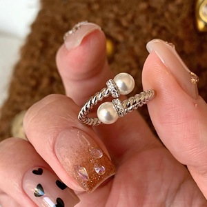 Bague en argent sterling S925, design ancien, luxe léger, petite taille, design en forme de beignets frits, perle, petite et moyenne taille - Product Image 4