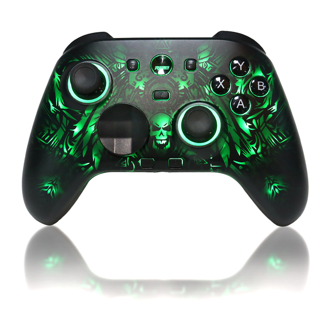 151D Wireless Gaming Controller with Green LED Light, Skull Totem Print, Interchangeable Thumbsticks & Buttons, Ergonomic Grip