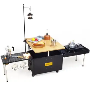 Outdoor camping portable mobile kitchen with wheels and stove camping cooking folding mobile cooking box