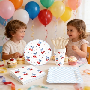 DAMAI Picnic Kids Birthday Party Supplies Blue Square Plaid Plate With Red Cherry <b>Disposable</b> <b>Tableware</b> Paper Napkins Cups Plates - Product Image 3