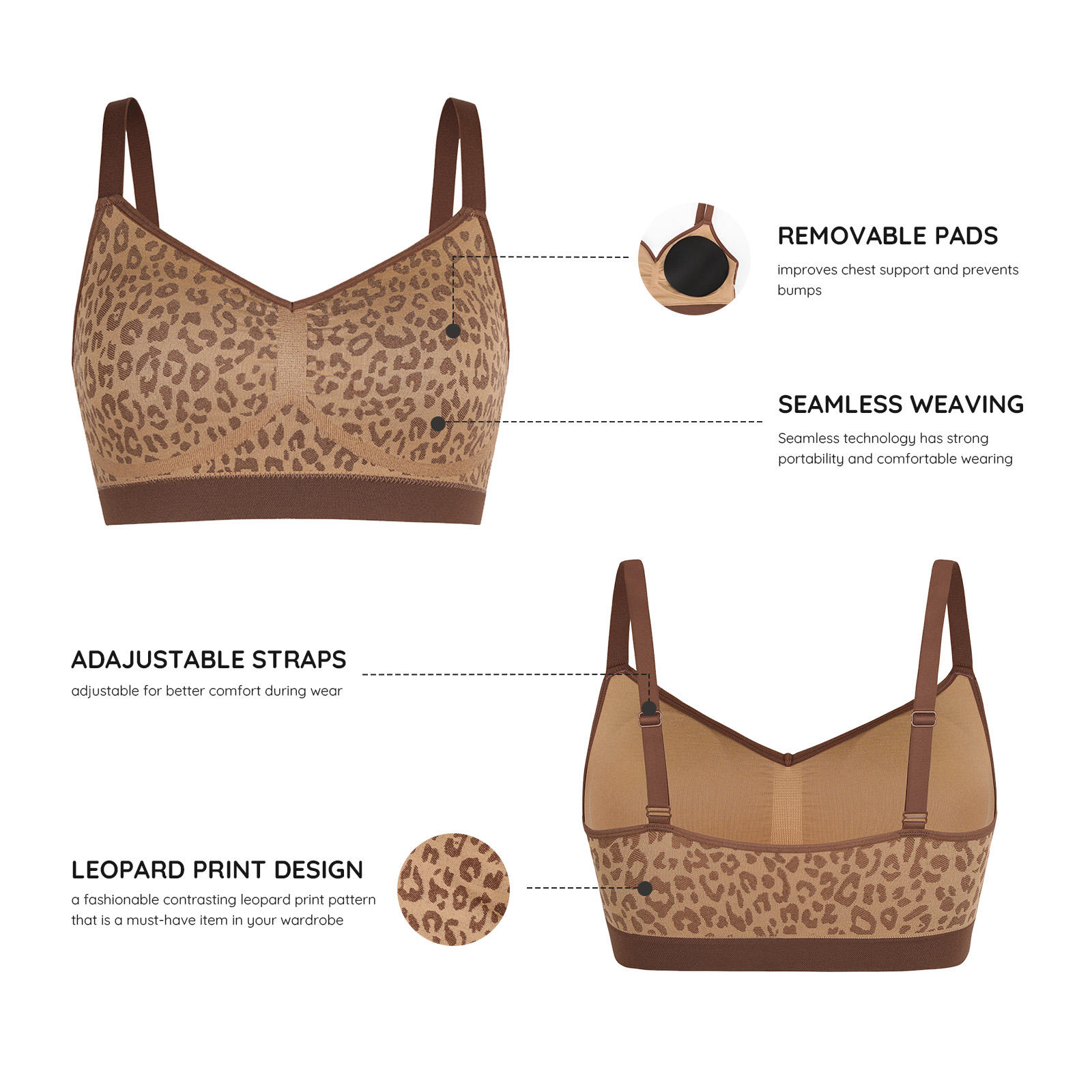 Hexin Women's Everyday Leopard Print Bralette Set Comfortable Seamless Wireless Shaping Bra Wire Free Support